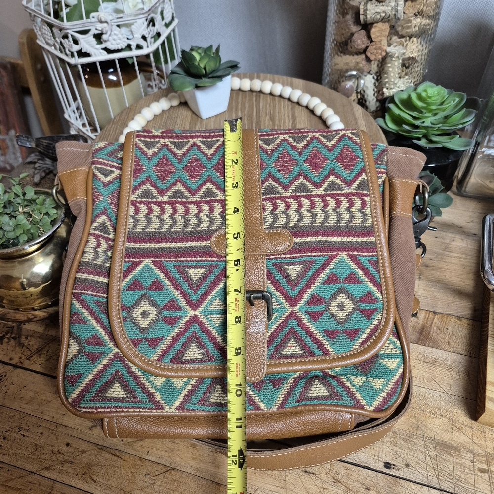 Myra Bag Western Leather Shoulder Canvas Crossbody Electric Ice Turquoise Brown - Picture 8 of 16